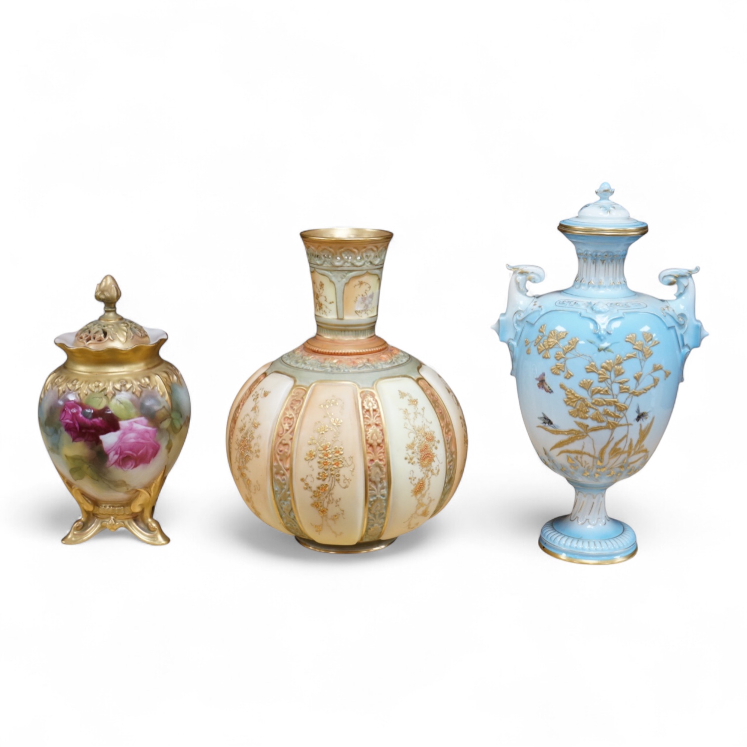 A Royal Worcester vase and cover, shape 1618 decorated with ferns and insects, a similar blush ivory bottle vase and a pot pourri vase and cover decorated with roses, tallest 24cm